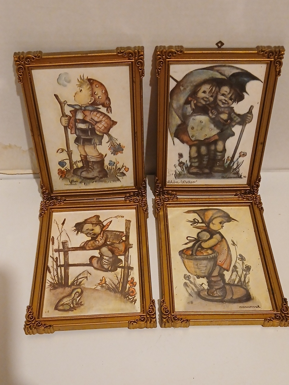 Vintage Hummel Reproduction Gold Framed Charming Children Art Prints Set